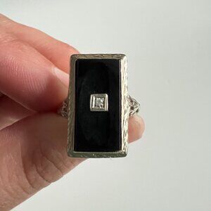 Vintage Onyx Ring with Diamond 14K White Gold